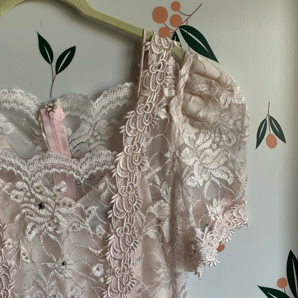 Cachet by Bari Protas Vintage 80s Drop Waist Pink Floral Lace Dress Grannycore